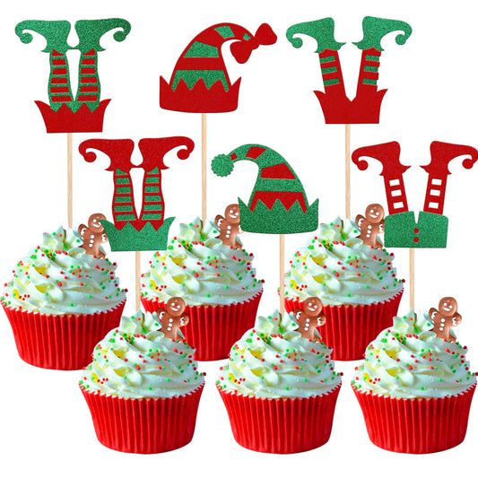 Rsstarxi 24 Pack Christmas Elf Cupcake Toppers Glitter Merry Santa Hat Elf Legs Cupcake Picks for Merry Christmas Theme New Year Holiday Baby Shower Kids Birthday Party Cake Decorations