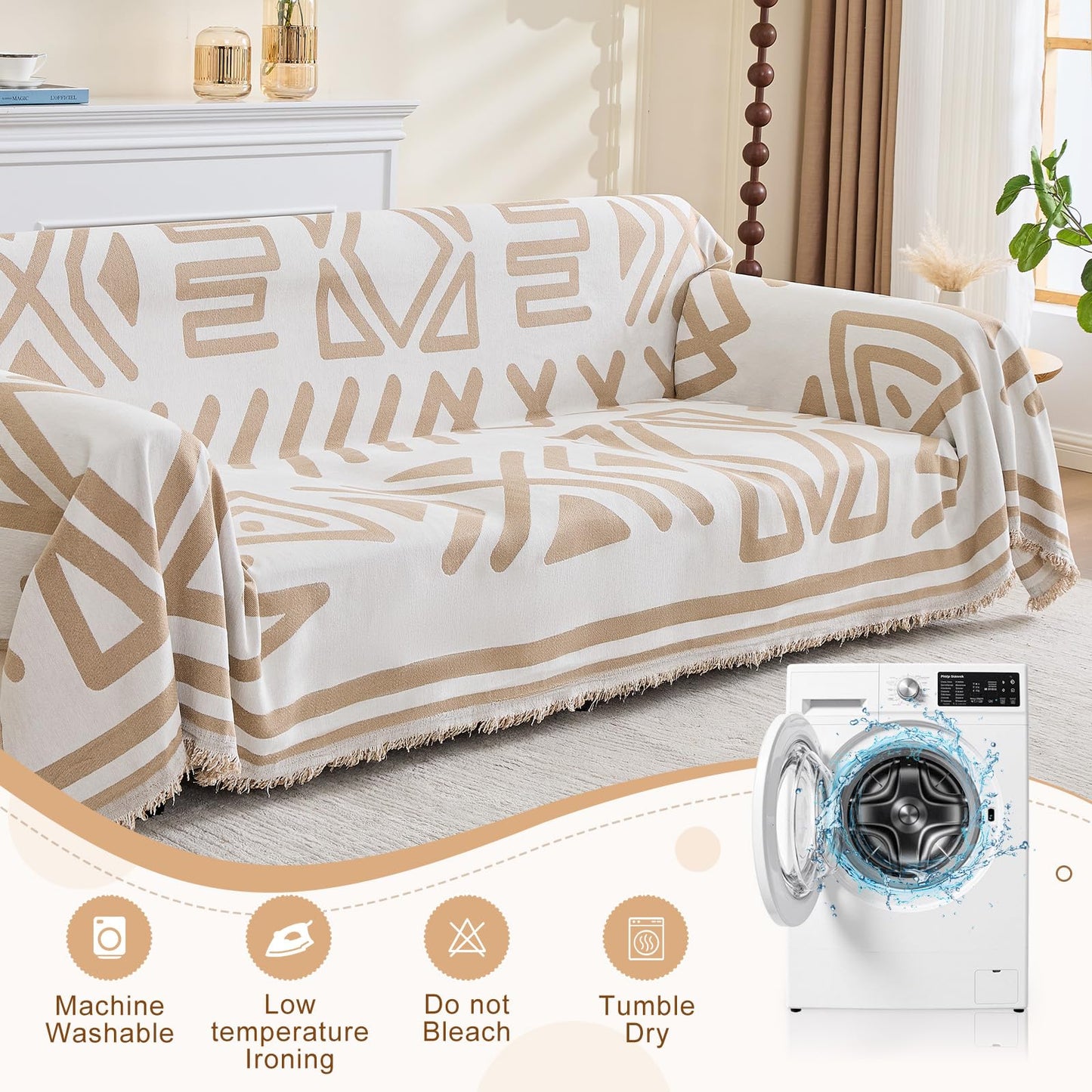 Taque Boho Couch Cover Sofa Covers for 2 Cushion Couch, Couch Covers Washable Blanket Sofa Covers, Chenille L Shape Sectional Couch Covers for Dogs, Sofa Blanket Cover for Living Room (Khaki)