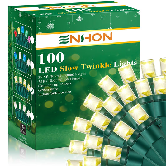 Enhon Slow Twinkling Christmas Light, 100 Lights 35 Ft Twinkle Pulsing Christmas, 5mm LED Wide Angle Soft Random Shimmering Set with Green Wire(Warm White,1 Pack)
