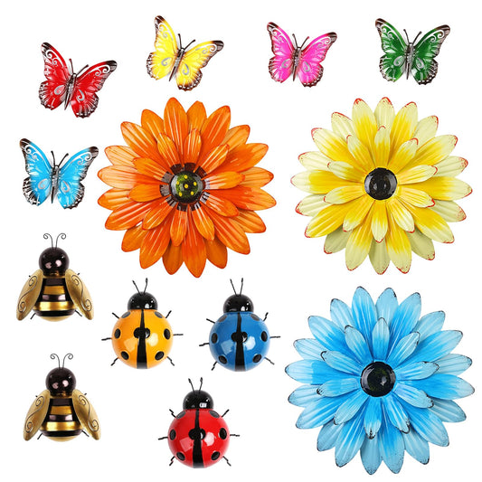 oromiso 13pcs Metal Wall Decoration, Flowers, Butterflies, Bees, Ladybugs Colorful DIY Wall Decor Hanging Garden Fence Art for Indoor Outdoor Patio Yard Home Farmhouse, Gift for Family Friend