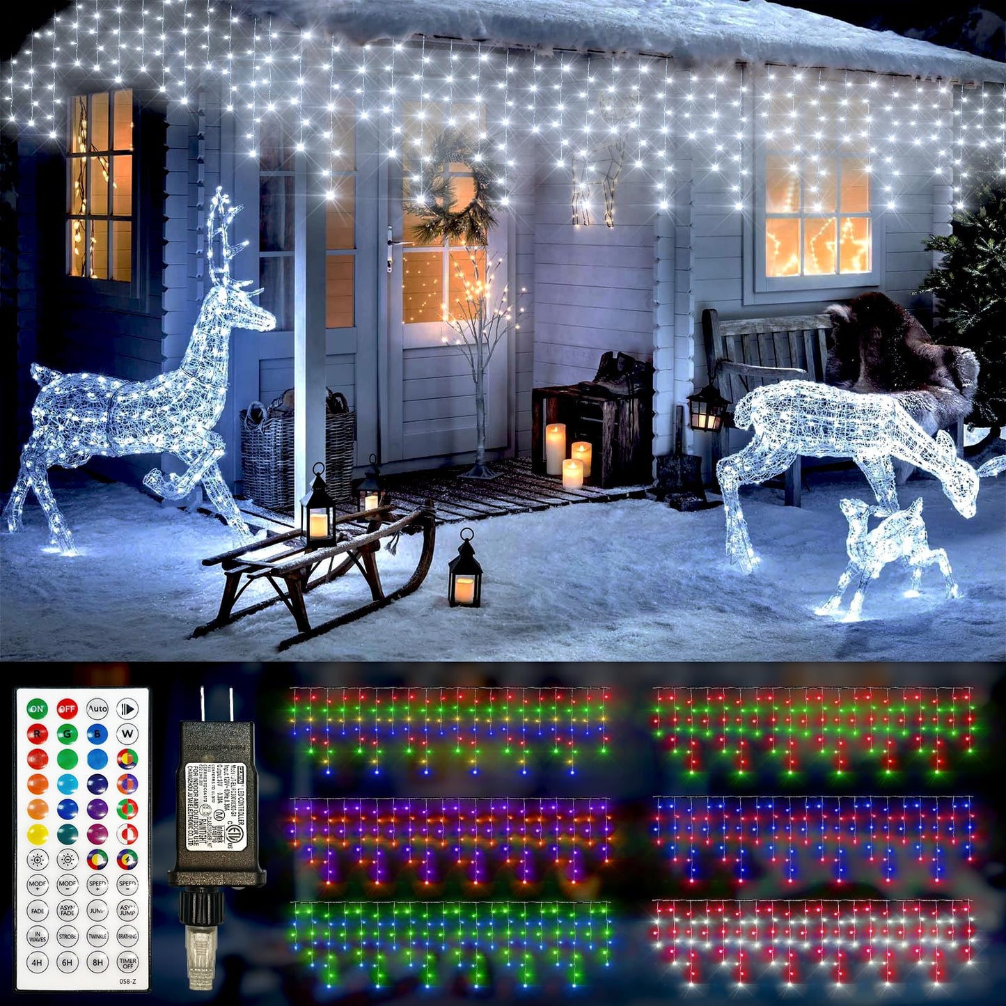 HGJ 49FT 128 Functions Christmas Icicle Lights Outdoor with 504 LED 8 Modes and Timer Curtain Lights Outside for Garden Holiday Gatherings Indoor Outdoor Decorations