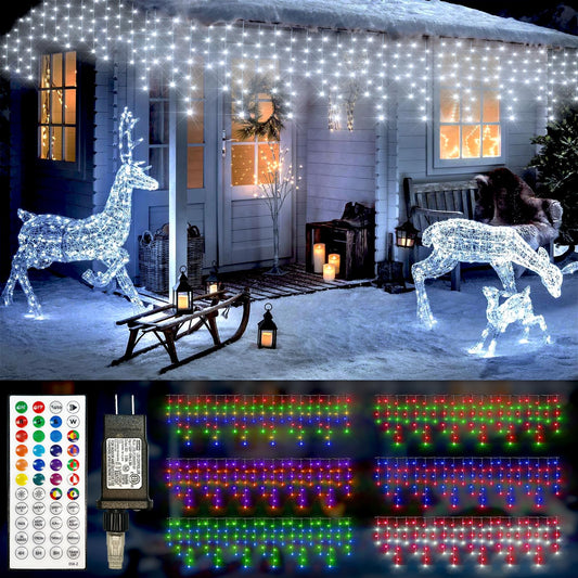 HGJ 49FT 128 Functions Christmas Icicle Lights Outdoor with 504 LED 8 Modes and Timer Curtain Lights Outside for Garden Holiday Gatherings Indoor Outdoor Decorations