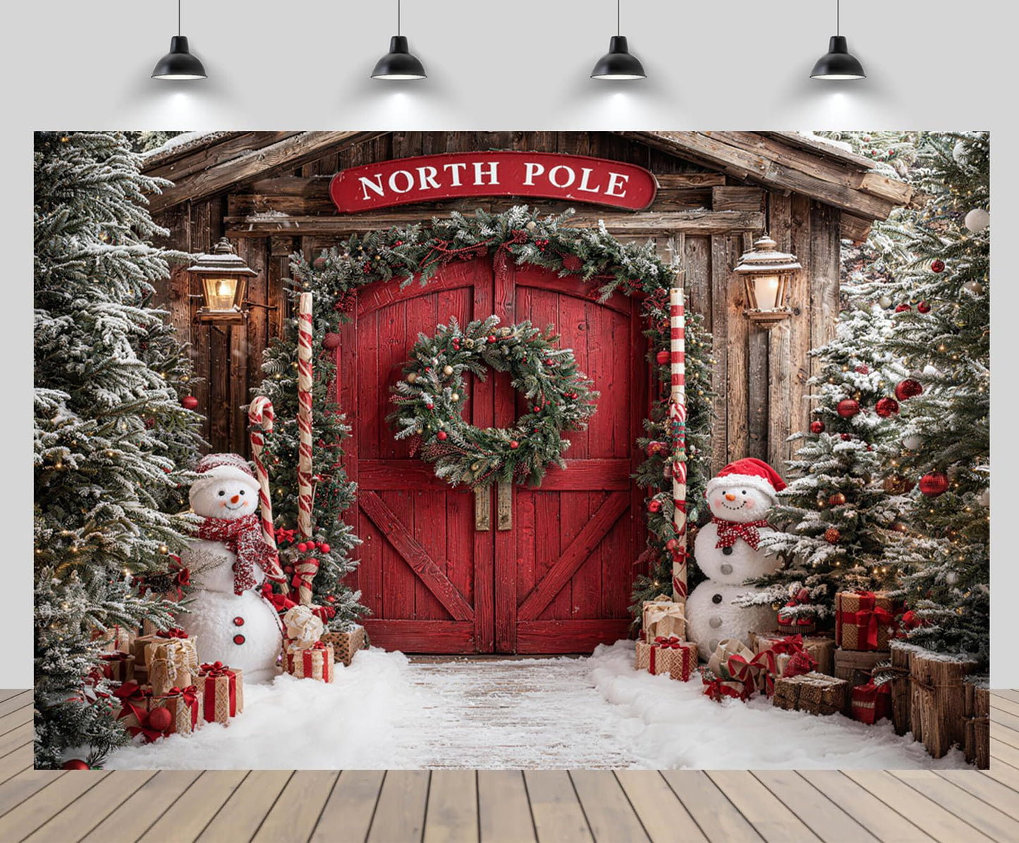 CHNYWORK 7x5ft Christmas North Pole Backdrop Snowman Christmas Trees Gift Boxes Snowy Pine Forest Red Wooden Door Winter Holiday Background New Year Xmas Eve Party Decor Portrait Photo Booth Props