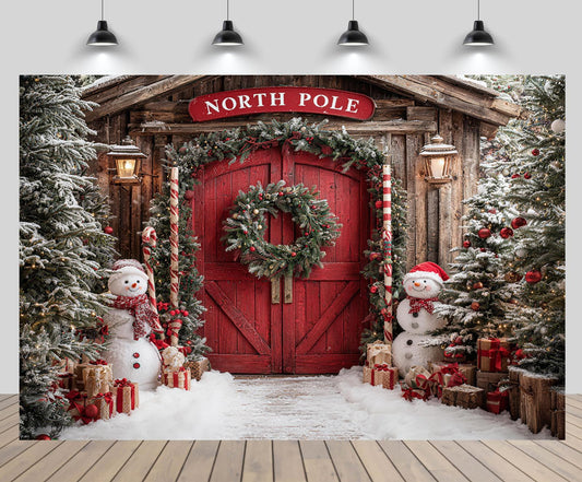 CHNYWORK 7x5ft Christmas North Pole Backdrop Snowman Christmas Trees Gift Boxes Snowy Pine Forest Red Wooden Door Winter Holiday Background New Year Xmas Eve Party Decor Portrait Photo Booth Props