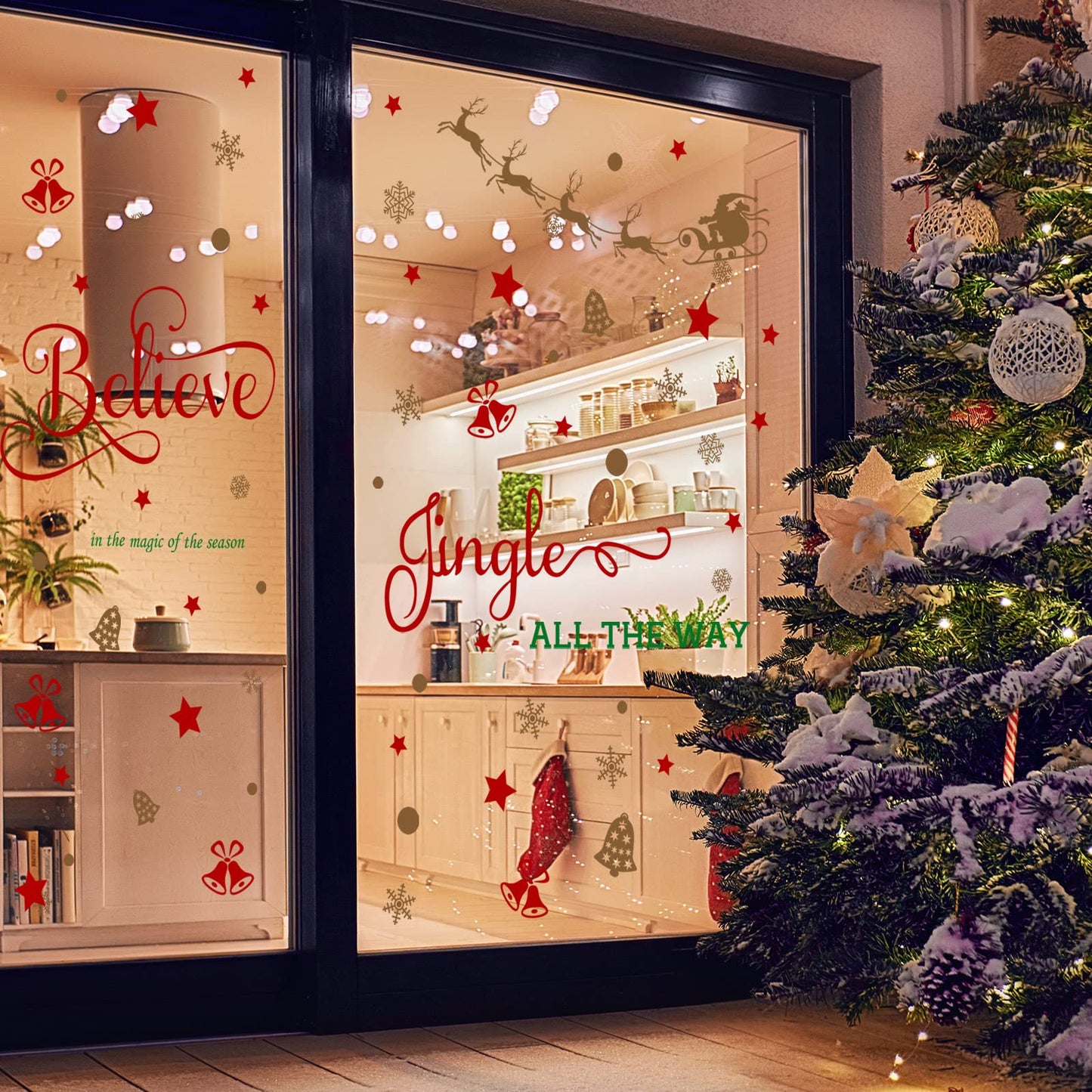 Hotop 4 Sheets Christmas Wall Decals Believe Quote Wall Stickers Christmas Wall Decor Reindeer Snowflakes Window Clings Vinyl Wall Art Decal Removable for Christmas Party Supplies Home Window Decor