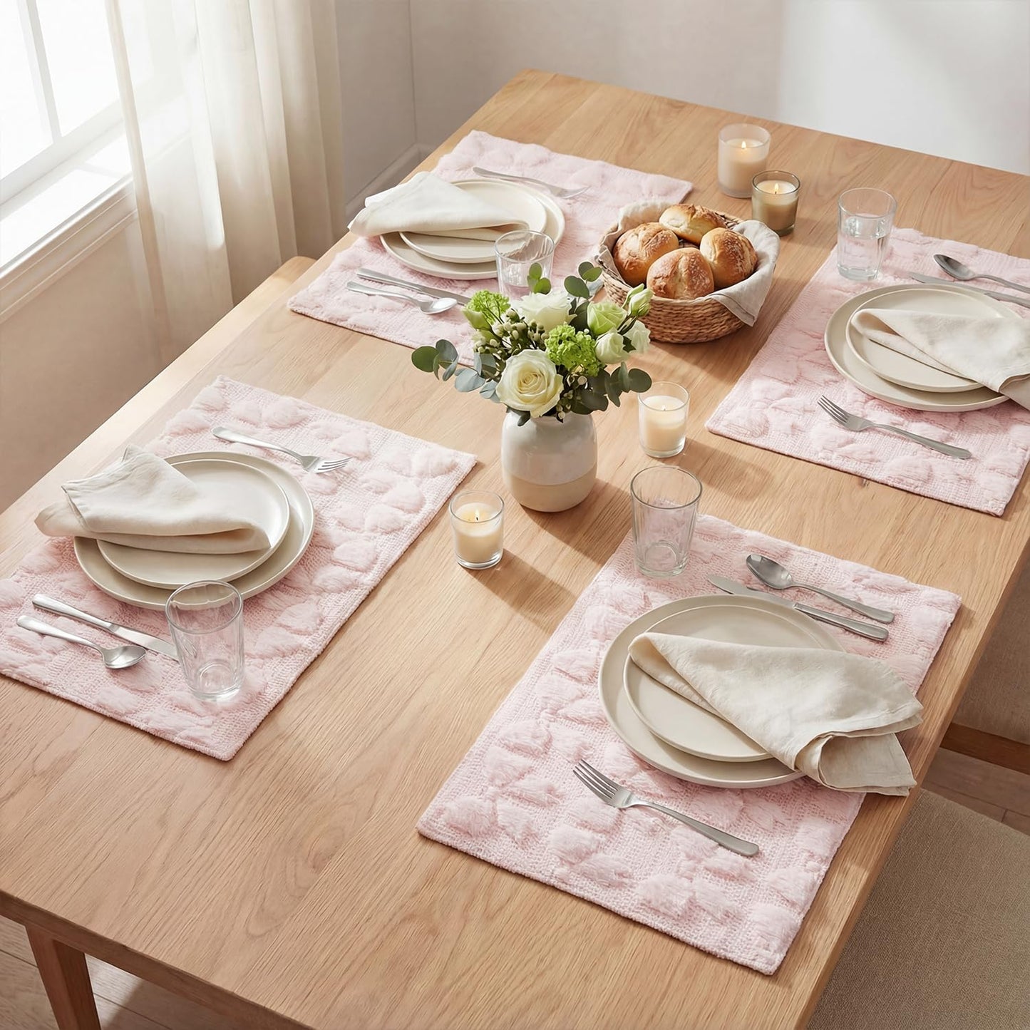 Artoid Mode Pink Bows Spring Placemats Set of 4, 12x18 Inch Soft Plush Faux Fur Wool Holiday Table Mats for Party Kitchen Dining Decoration