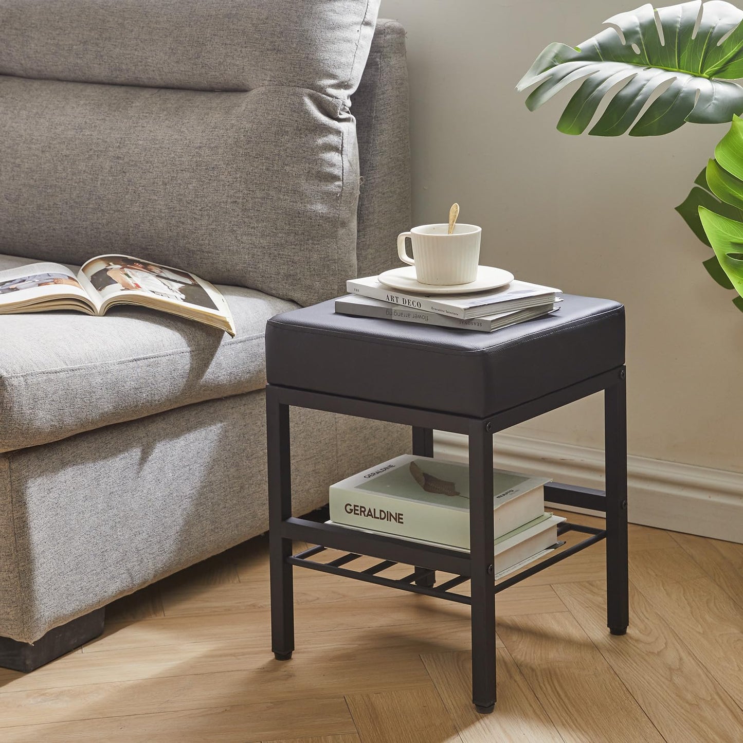 IBUYKE Square Makeup Stool with Adjustable Feet and Storage Space, Footrest Chair, PU Vanity Seat, Multi-Use as Small Side Table or Ottoman, for Bedroom, Black LG-60B