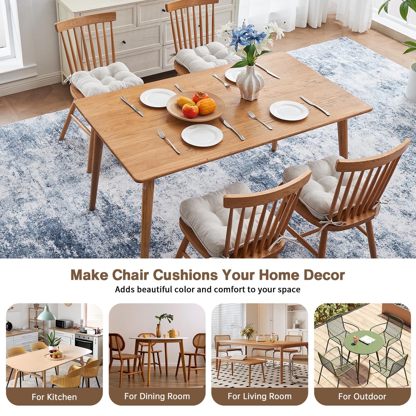 BETU Chair Cushions for Dining Chairs Set of 4,3.5" Thick Kitchen Table Chair Pads with Ties,Non Slip Backing and Covers, Seat Cushion for Dining Room,Bar,Patio Chairs,15.5"X15.5"X3.5",Beige