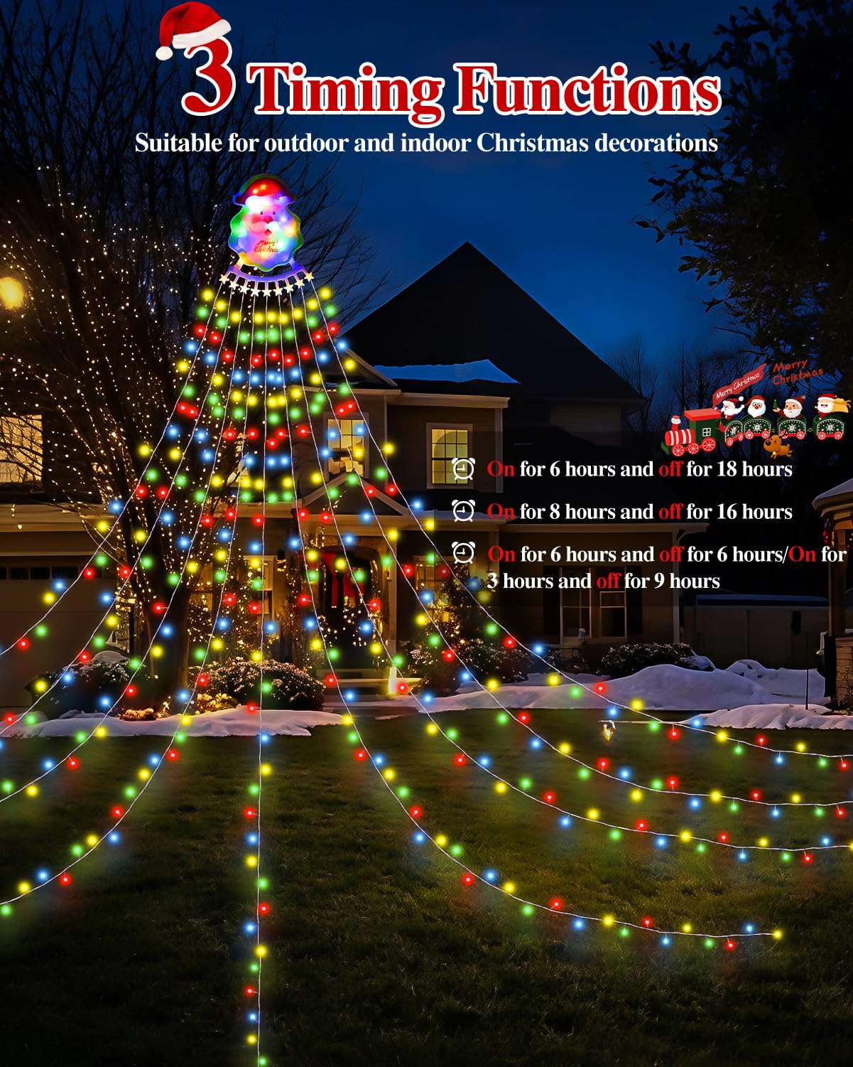 Christmas Waterfall Outdoor String Lights, Christmas Tree Lights with Topper 335 LED 11.48ft 9 Strands, 8 Lighting Modes Holiday New Year Decoration Lights for Wedding Yard Party Home Indoor Decor