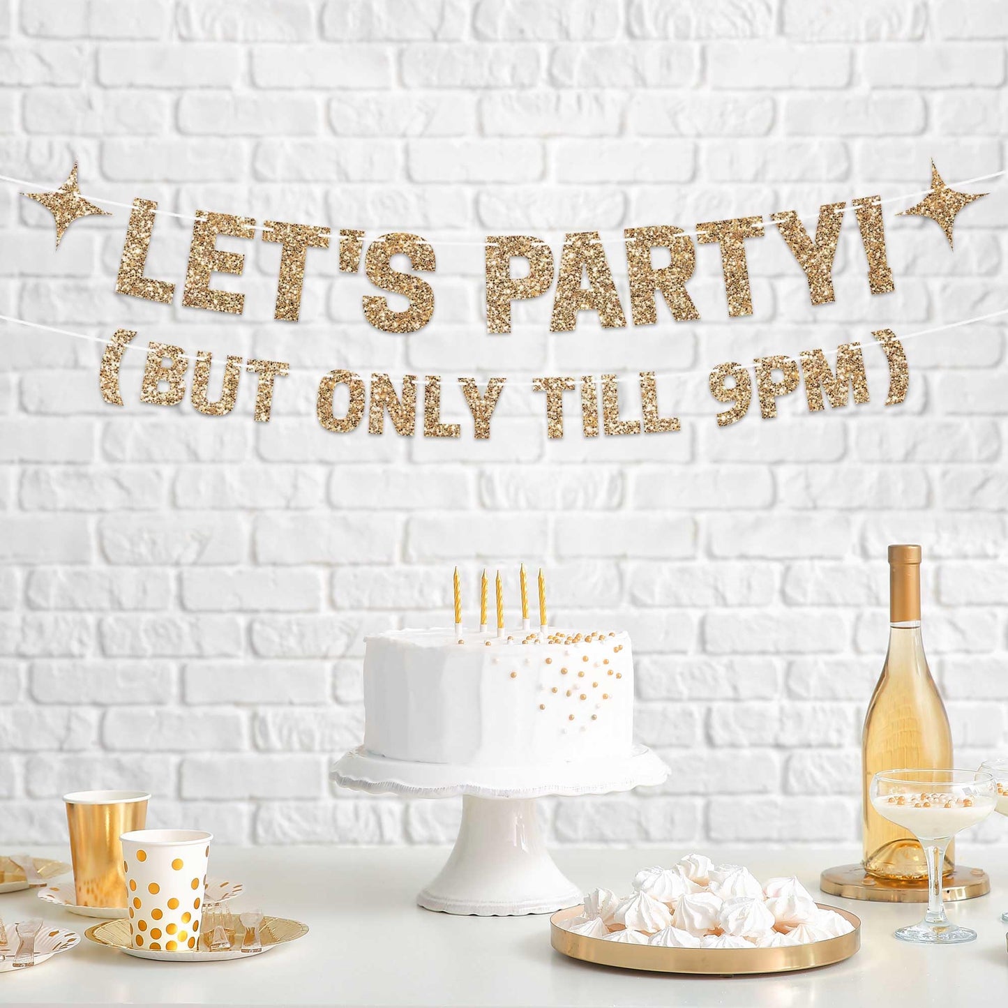 Pre-strung Let's Party But Only Till 9 PM Banner - No DIY - Gold Glitter Funny Birthday Banner for Men & Women - Pre-strung on 8 ft Strands - Gold Party Decorations & Decor. Did We Mention No DIY