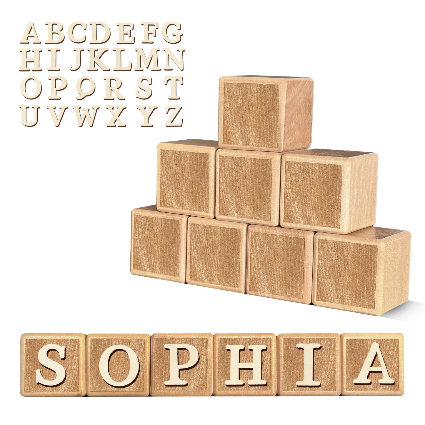 Custom Wooden Name Sign – 8-Letter Baby Blocks with 78 Wooden Alphabet Letters, Personalized Nursery Décor for Montessori, Baby Shower & Nursery Name Signs