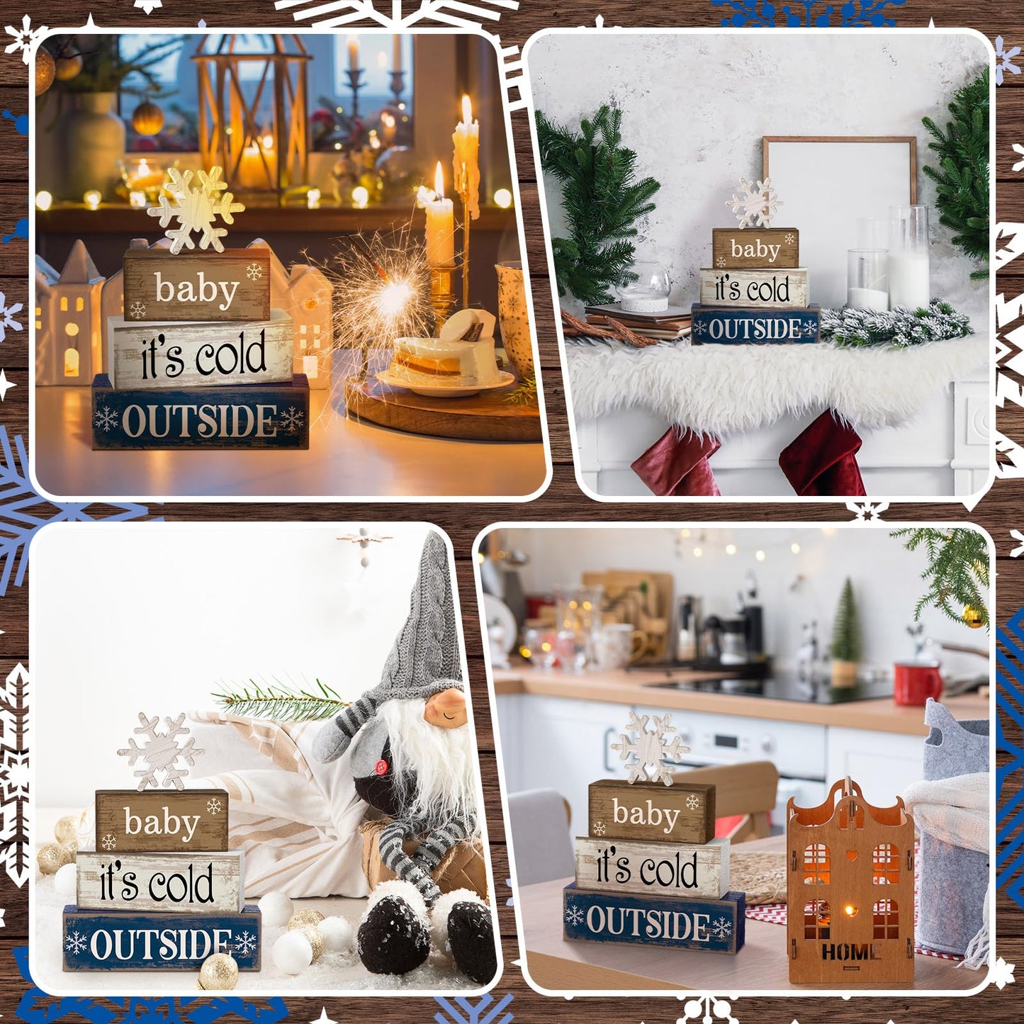 Moucuny 4 Pcs Winter Wooden Tabletop Decor Snowflake Tiered Tray Decor Winter Centerpiece Rustic Snow Block Signs Farmhouse Table Shelf Decoration for Home Office Party