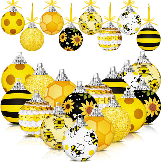 Riceshoot 12 Pcs Summer Ornaments for Tree Sunflower Decorations Yellow Sequin Sunflower Balls Decor with Ropes Yellow Black Stripes Bee Ball for Summer Decor Party Favors