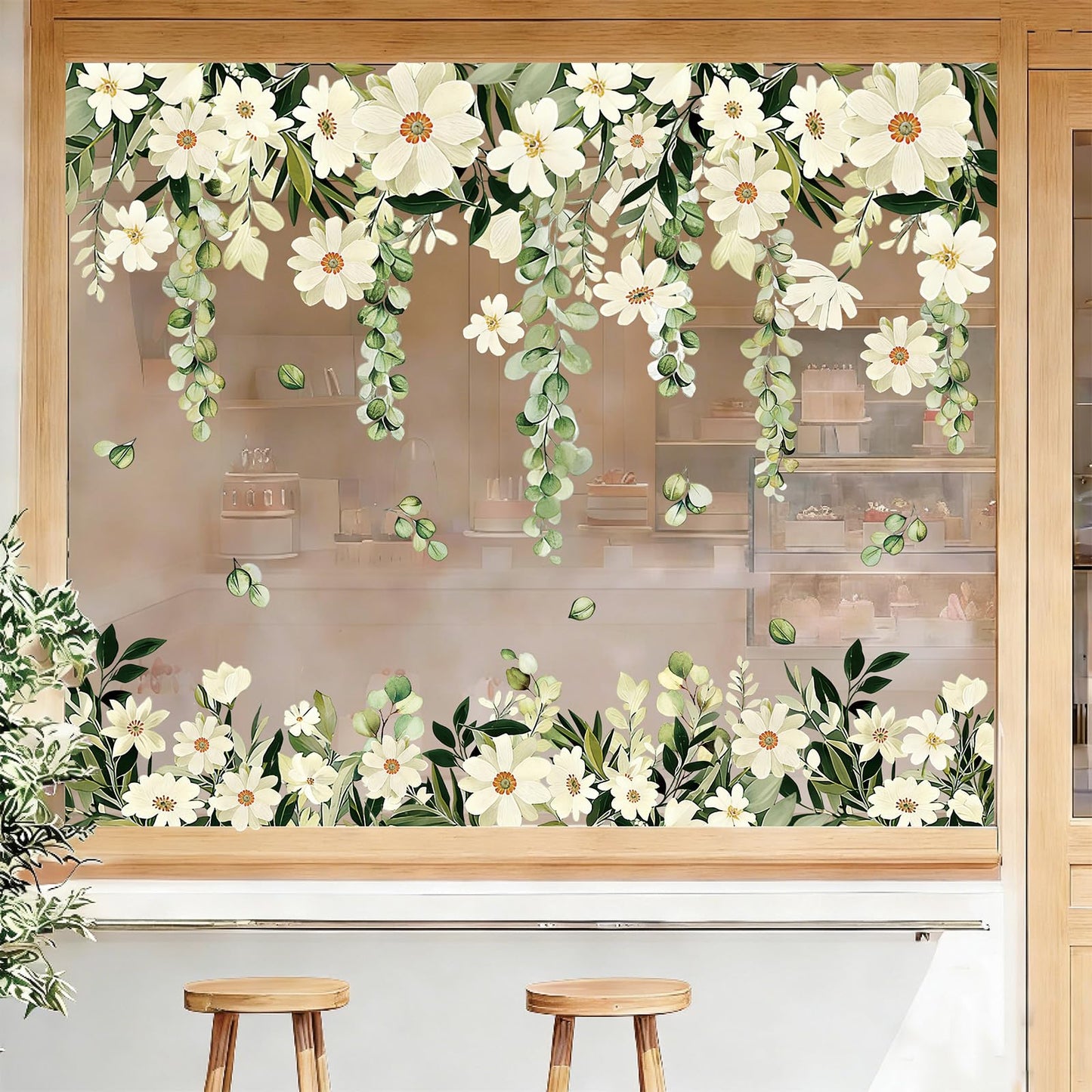 Daisy Spring Flowers Window Clings Eucalyptus Leaves Window Decals Hanging Vine Floral Leaf Double-Sided Reusable for Home School Office Decor Party Supplies,6 Sheets
