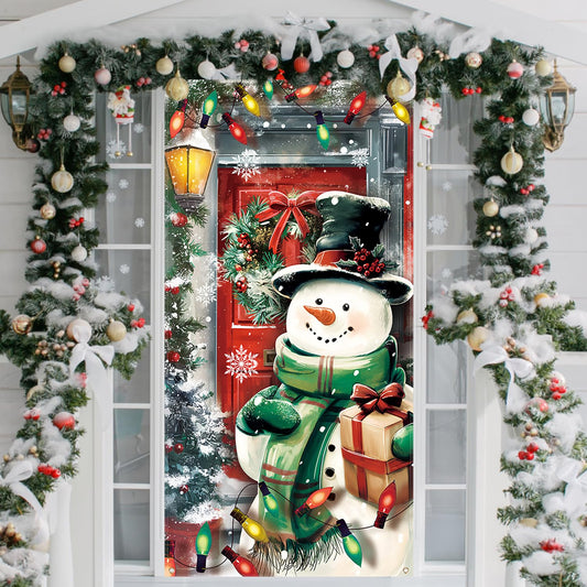 LOMIMOS Christmas Snowman Door Cover,Colorful Christmas Front Door Banner Backdrop Xmas Photography Background Banner for Outdoor Indoor New Year Party Winter Holiday Home Party Supplies