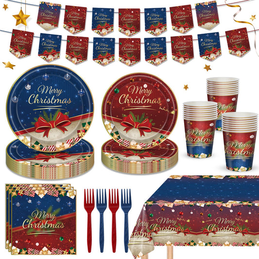 AWLZJZQA 122 PCS Christmas Party Supplies Serve 24 Guests Merry Christmas Plates and Napkins Party Decorations Disposable Dinnerware Set Decor Red and Blue