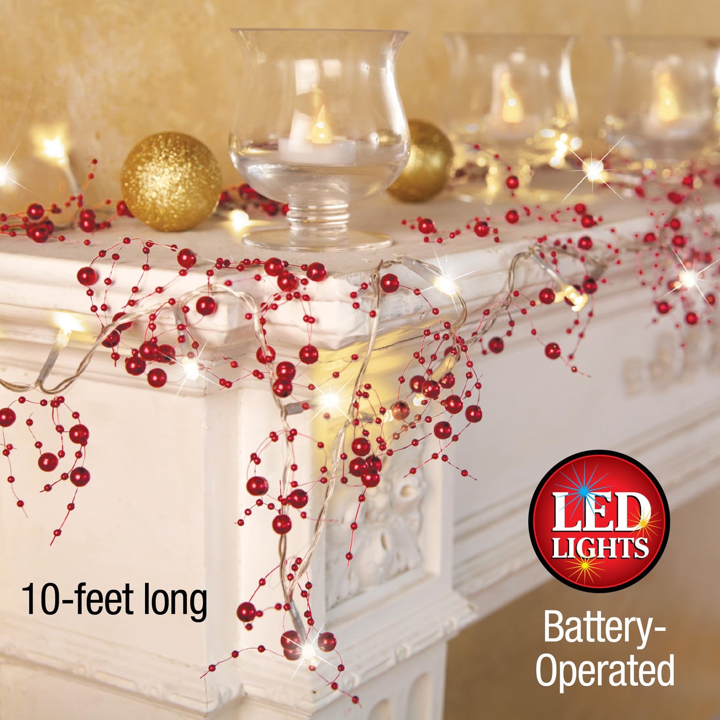Collections Etc Indoor Christmas Decorations, Festive Lighted Berry Beaded Garland Gold- 120" L
