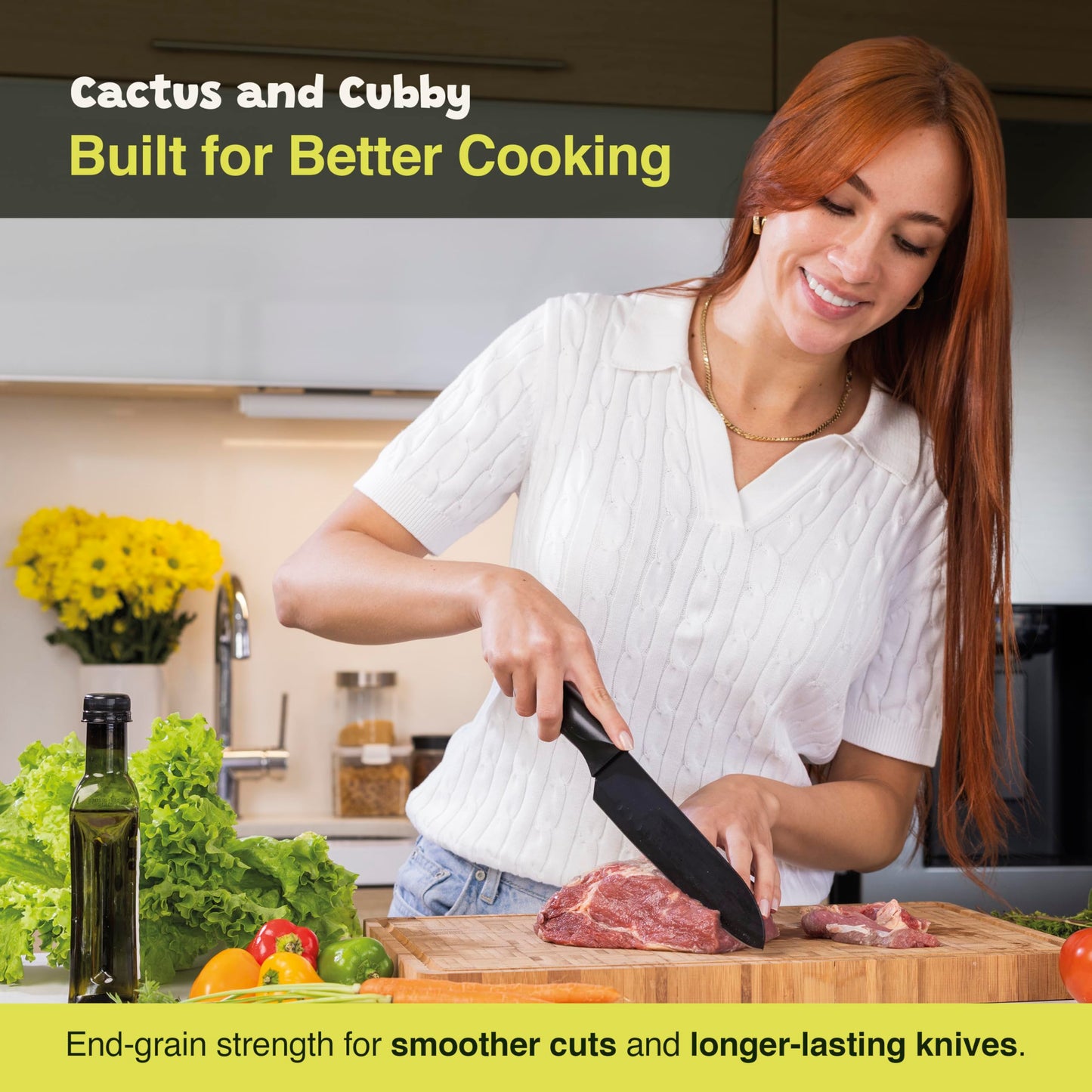 Cactus & Cubby Premium Bamboo Cutting Board. Deluxe Deep Carbonised End Grain Wooden Cutting Board. 16.5" x 11.8". Pre-oiled Butcher Block for Prepping & Serving. Knife Friendly