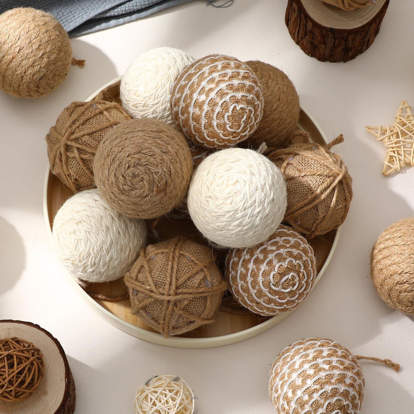 Leyndo 16 Pcs 3.15 Inch Burlap Christmas Ball Ornaments Rustic Farmhouse Christmas Tree Ornaments Neutral Jute Rope Hanging Balls Decorations Boho for Xmas Party Holiday Decor(Rustic Style)