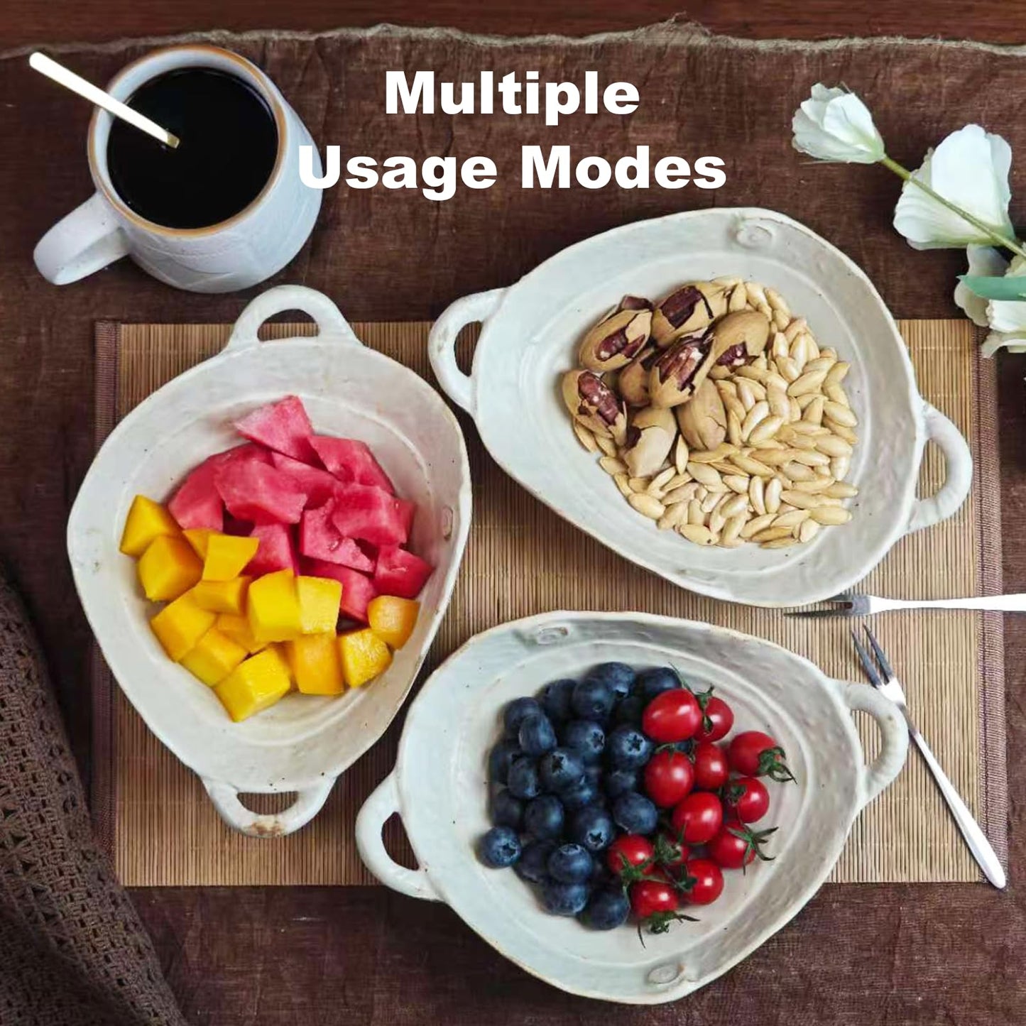 LUSHHAHA Retro Free-Form Edge Decorative Bowl Ceramic Fruit Bowl with Handle，Matte Farmhouse Cutlery Serving Bowls,Salad Bowl,Table Centerpiece Decor，Housewife/Handmade Gift Box