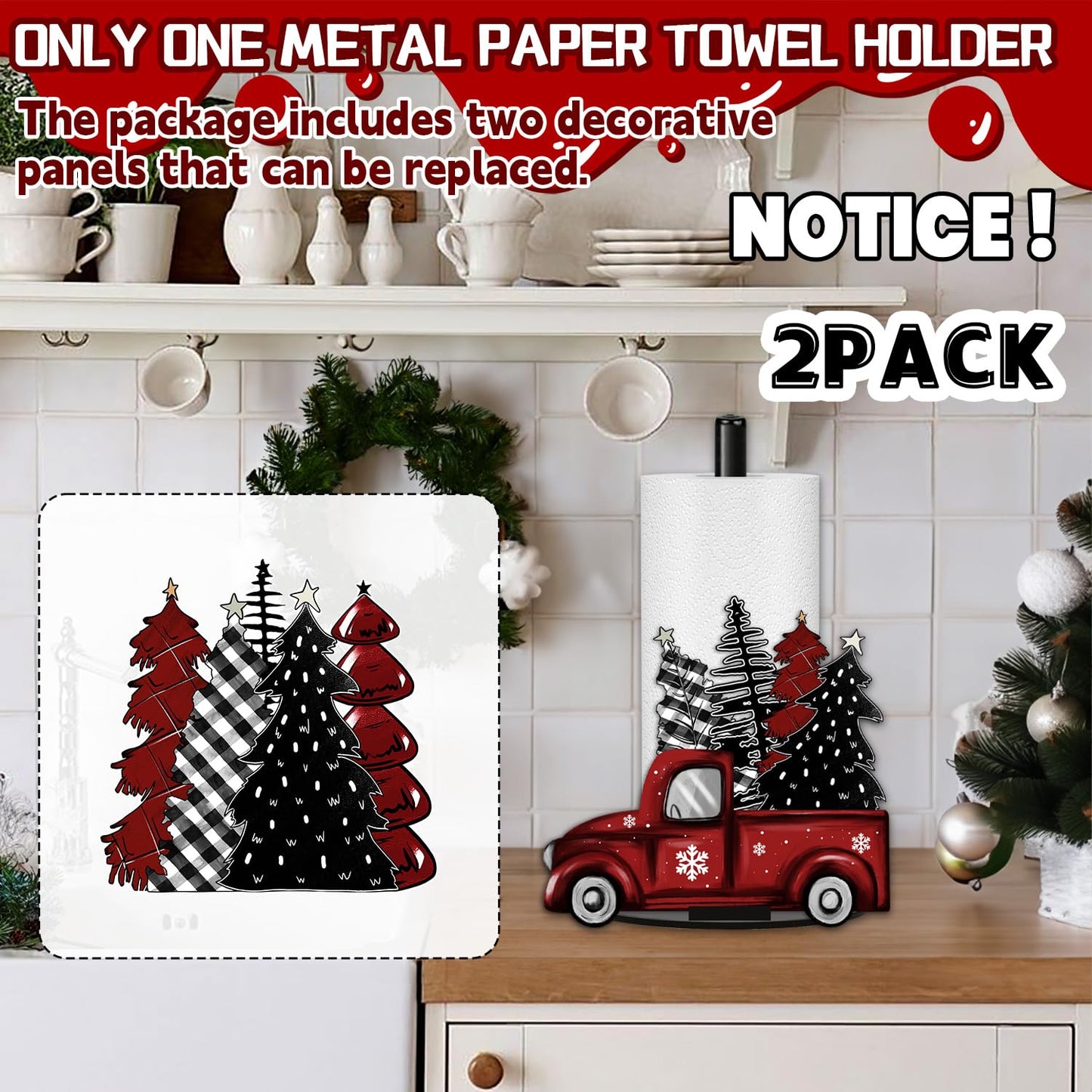 Christmas Paper Towel Holder, Red Truck Christmas Decor, Buffalo Plaid Christmas Tree Towels Paper Holder for Kitchen Countertop Bathroom Home Farmhouse, Winter Holiday Decoration Replaceable 2 Panels