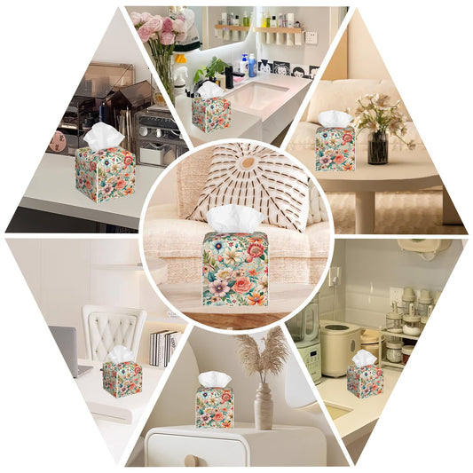 Leather Tissue Box Holder Colorful Floral Tissue Box Cover Facial Paper Case Organizer Cube Napkin Dispenser for Bathroom Vanity Countertop Night Stand Office Car