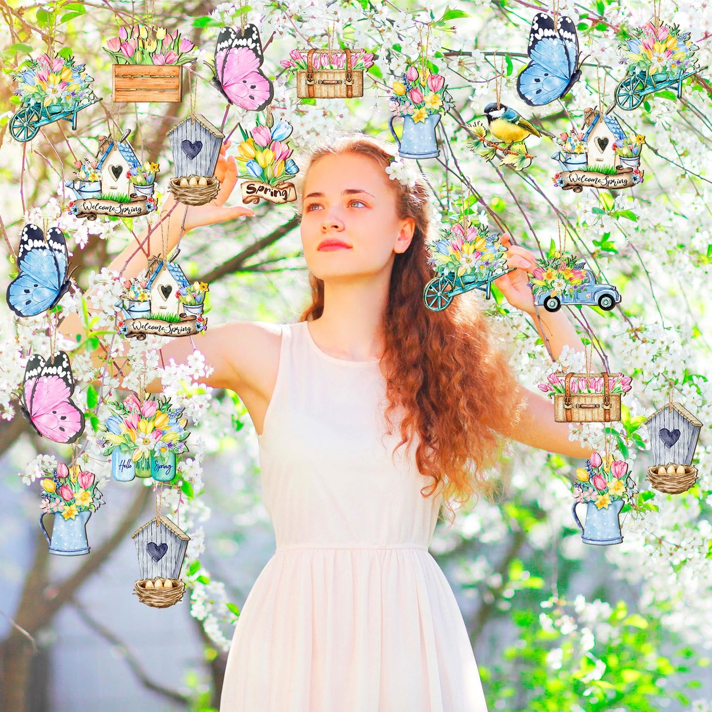 Anglechic 36 Pcs Spring Tree Ornaments Hawaiian Wood Hanging Decoration Butterfly Bird Truck Patterns Ornaments for Tree Luau Hawaiian Party Supplies