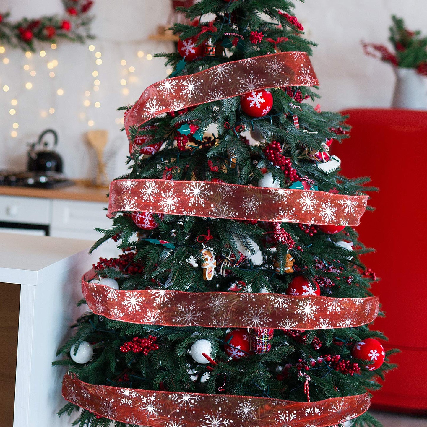Livder 2.5 Inch Wide Christmas Wired Ribbon Snowflake Organza Sheer Glitter Ribbon for Xmas Tree, Wreath, Party Decoration, Gift Wrapping (Red, 21.9 Yards)