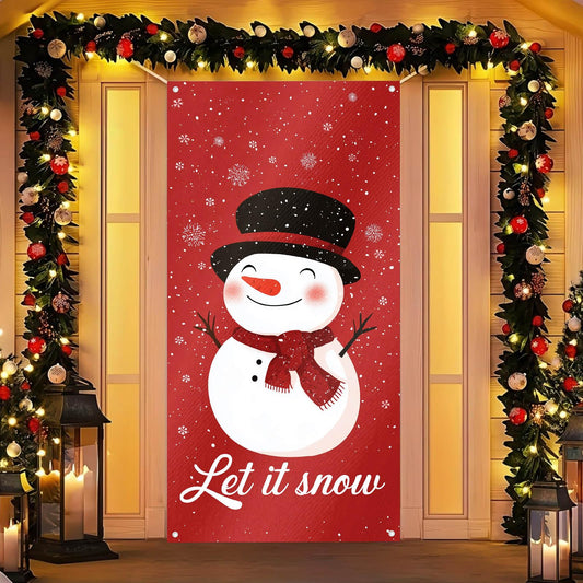 BlissYard Merry Christmas Door Cover 71x35 Inch Front Porch Door Banners Decoration Winter Red Background Snowman with Hat and Scarf Winter Wonderland Theme for Sign Party Indoor Decor