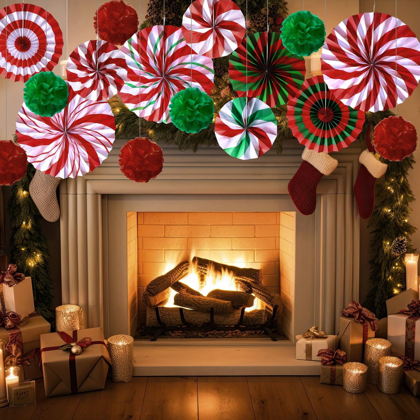 Outus 21 Pcs Christmas Candy Hanging Paper Fans Peppermint Christmas Banners Xmas Classroom Ceiling Decorations Tissue Poms Honeycomb Ball Ornaments for Birthday Wall Decor Supplies(Classic)