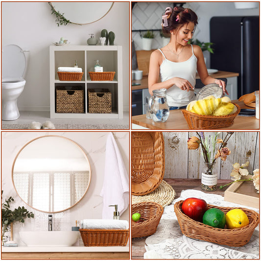 Mimorou 4 Pcs Bread Wicker Basket for Serving Woven Food Snack Storage Vintage Vegetable Fruit Baskets for Kitchen Table Home, Oval and Rectangle