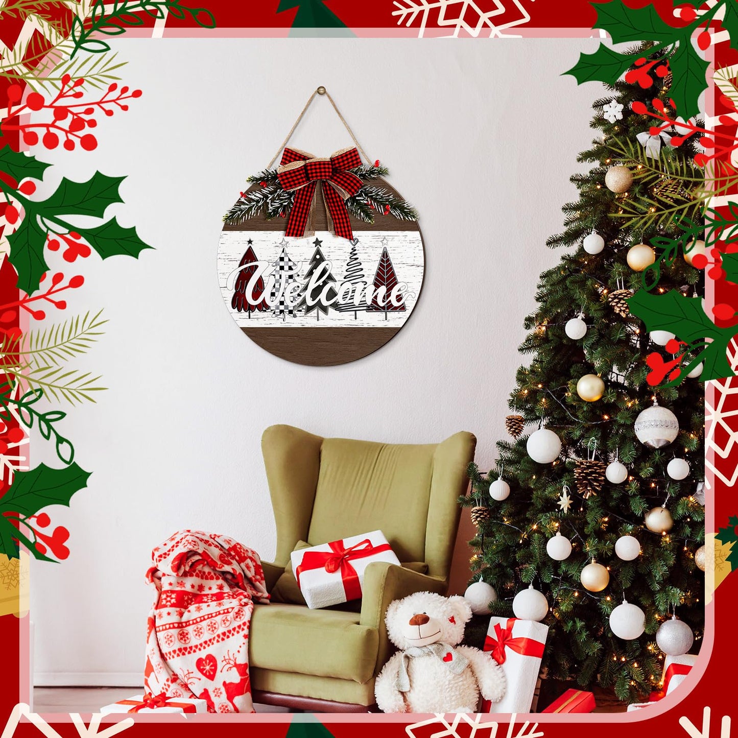 Boao Christmas Door Wreath Merry Christmas Welcome Hanging Wall Sign for Front Door 11.8'' Round Xmas Tree Winter Wreath Wooden Porch Sign with Bow Porch Farmhouse Home Wall Decor(Novel)