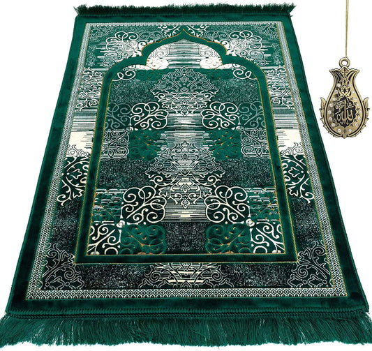 Modefa Prayer Mat | Turkish Velvet Muslim Prayer Rug Muslim Prayer Mat Islam | Soft Beautiful Prayer Rug Janamaz Sajjadah with Car Hanger | Classic Elegant Swirl (Green)