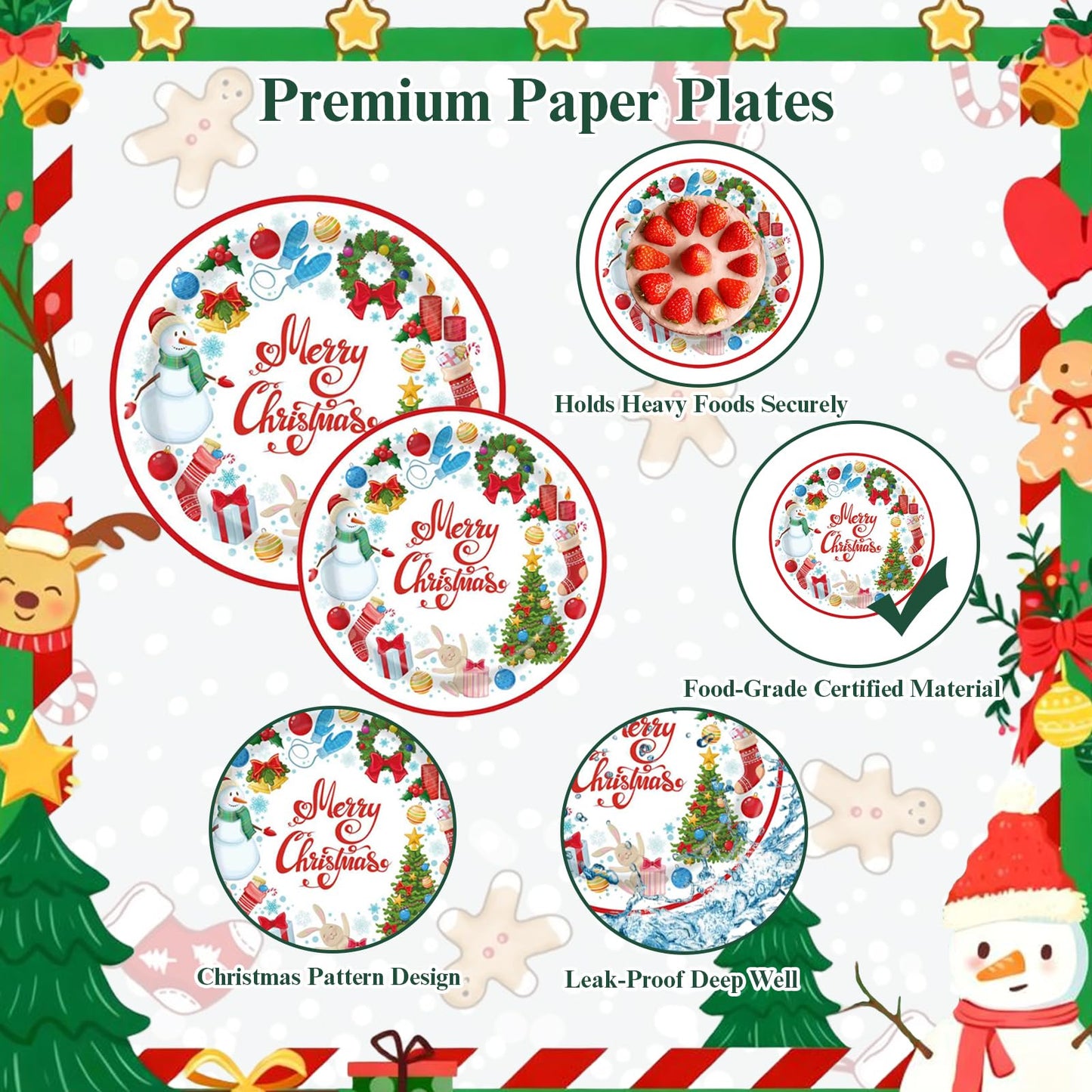 Slynxr 125PCS Christmas Party Supplies with Christmas Paper Plates and Napkins, Paper Cups & Forks Disposable Holiday Snowman Snowflake Party Supplies Decoration Serves 25