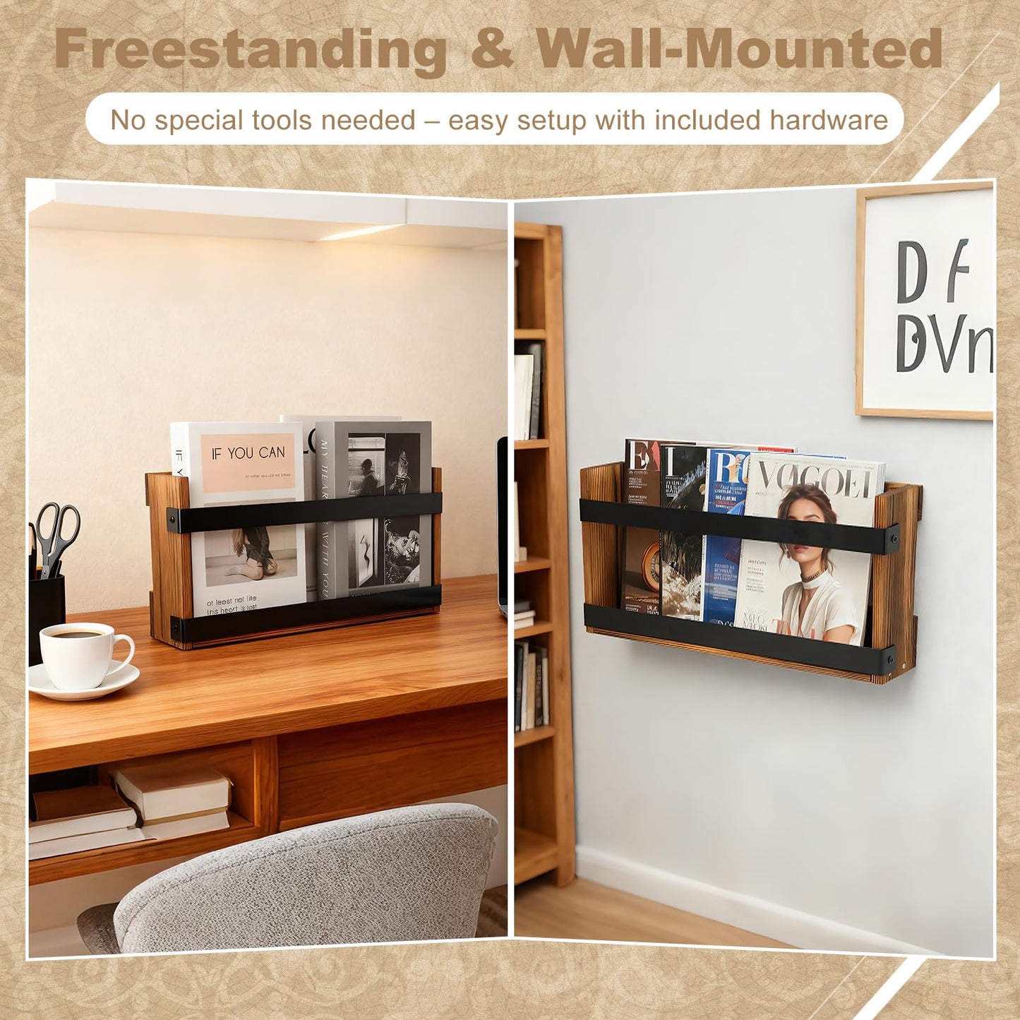 Dojomadf Wood Magazine Rack Wall Mounted & Wall Magazine Rack, Pine Wood Black Metal Wall Magazine Holder for Magazines, Books, Mountable or Freestanding Organizer