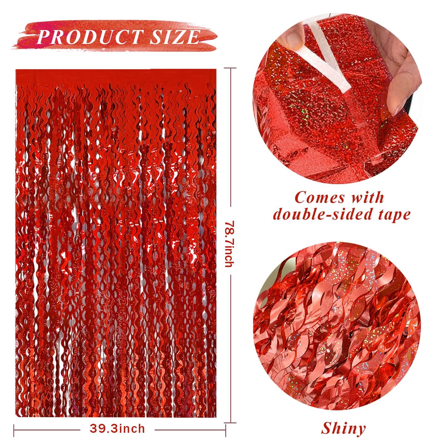 Red Streamers Tinsel Foil Fringe Curtains Wavy for Parties Sparkle Metallic Wavy Foil Fringe Backdrop Curtain for Party Decorations Photo Booth Props Birthday Graduation Wedding Valentines Decor