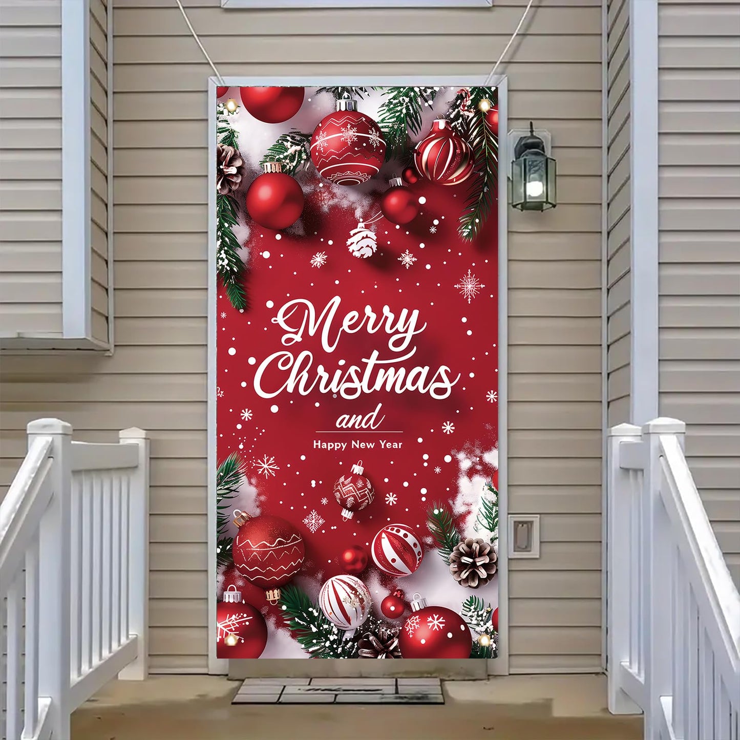 Saoplasa Merry Christmas Door Banner Happy New Year 35x71 Inch Red Christmas Front Door Cover with Snowflakes and Lettering for Xmas Winter Seasonal Holiday Party Porch Wall Hanging New Year Entryway Decoration