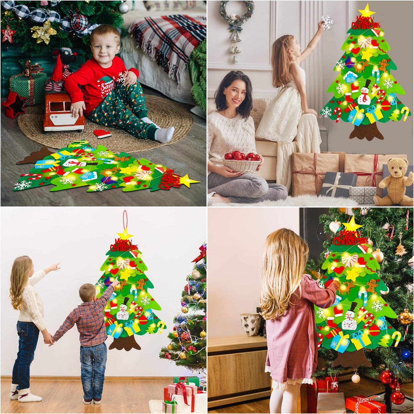 EMPOF Felt Christmas Tree for Toddlers - 3.3ft Felt DIY Tree Set for Kids Wall with Snowflake Lights + 32 Ornaments, Indoor Christmas Home Wall Hanging Decor Decorations, Xmas Activities Gifts