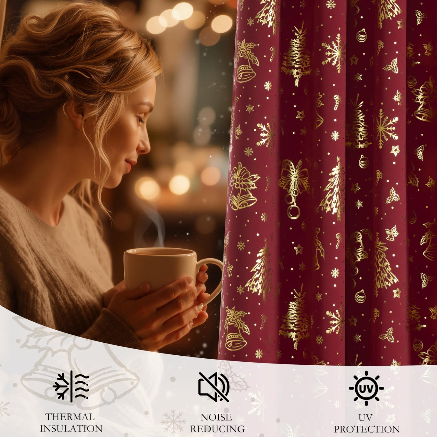 NICETOWN 2 Panels Christmas Red Rod Pocket 42 x 36 Inch Valance Curtains - Holiday Themed Window Treatment for Living Room, Bedroom, Study, Dining Room, Kids Room - Gold Stamping Design