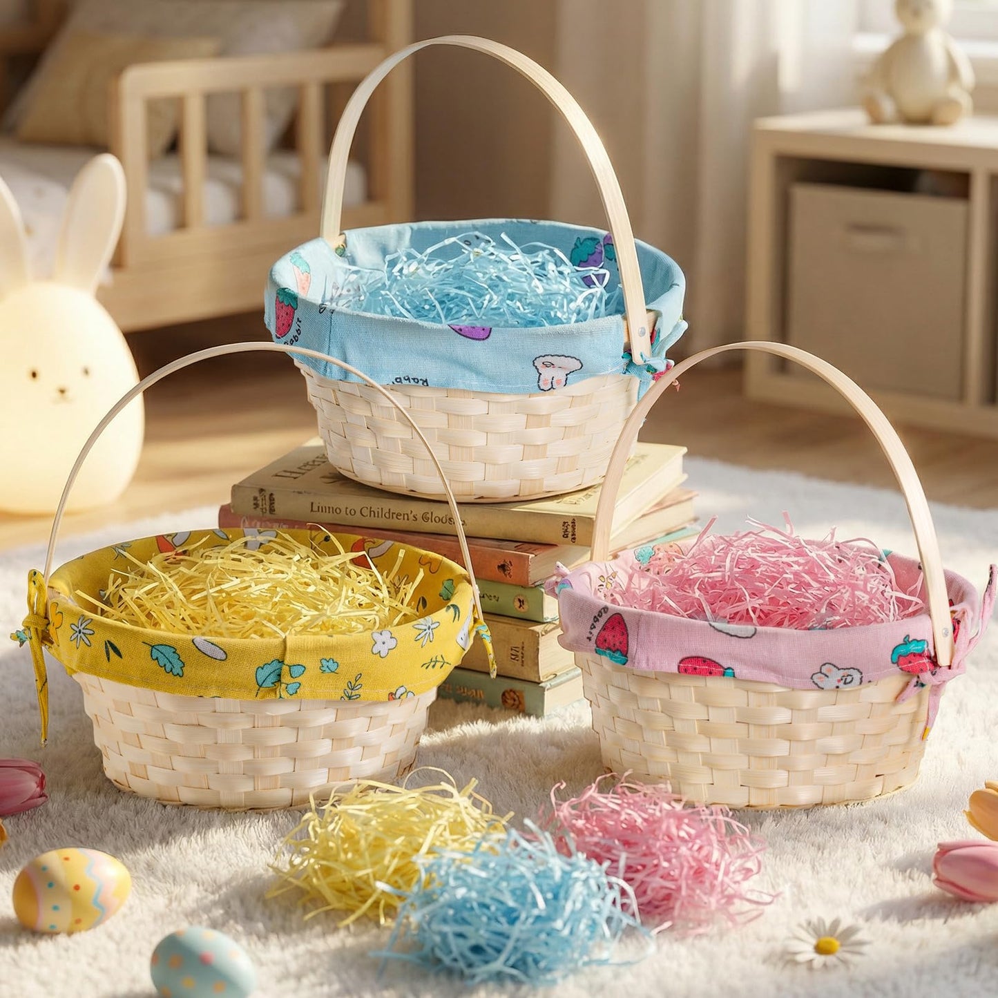 Lanpn Natural Bamboo Easter Basket 3PCS with Removable Bunny Fabric Liner and Raffia Grass for Egg Hunt Candy Picnic Seasonal Decoration (Yellow Pink Blue)