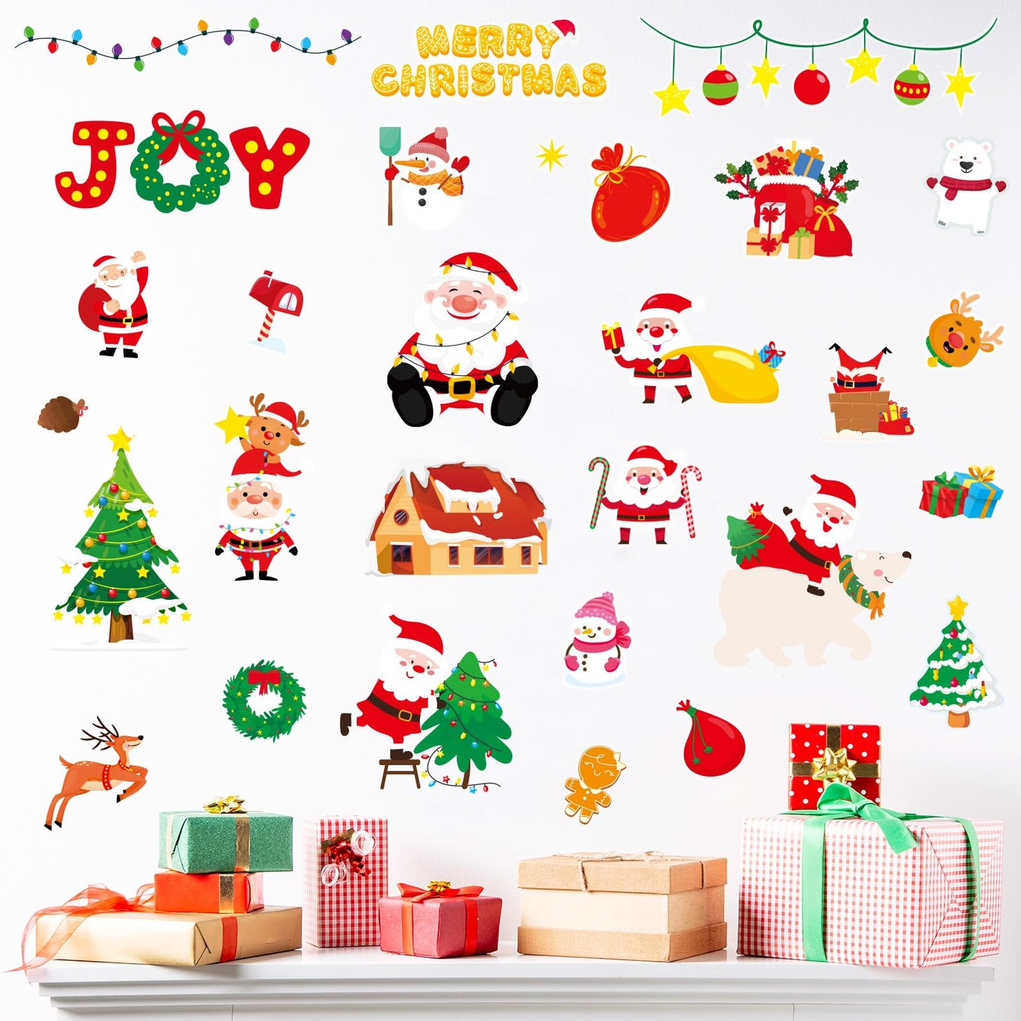 Christmas Wall Decals 124 Pieces Merry Christmas Wall Stickers Santa Snowman Winter Snowflakes Xmas Candy Stickers for Wall Window Door Bedroom Garage Home Office Decor