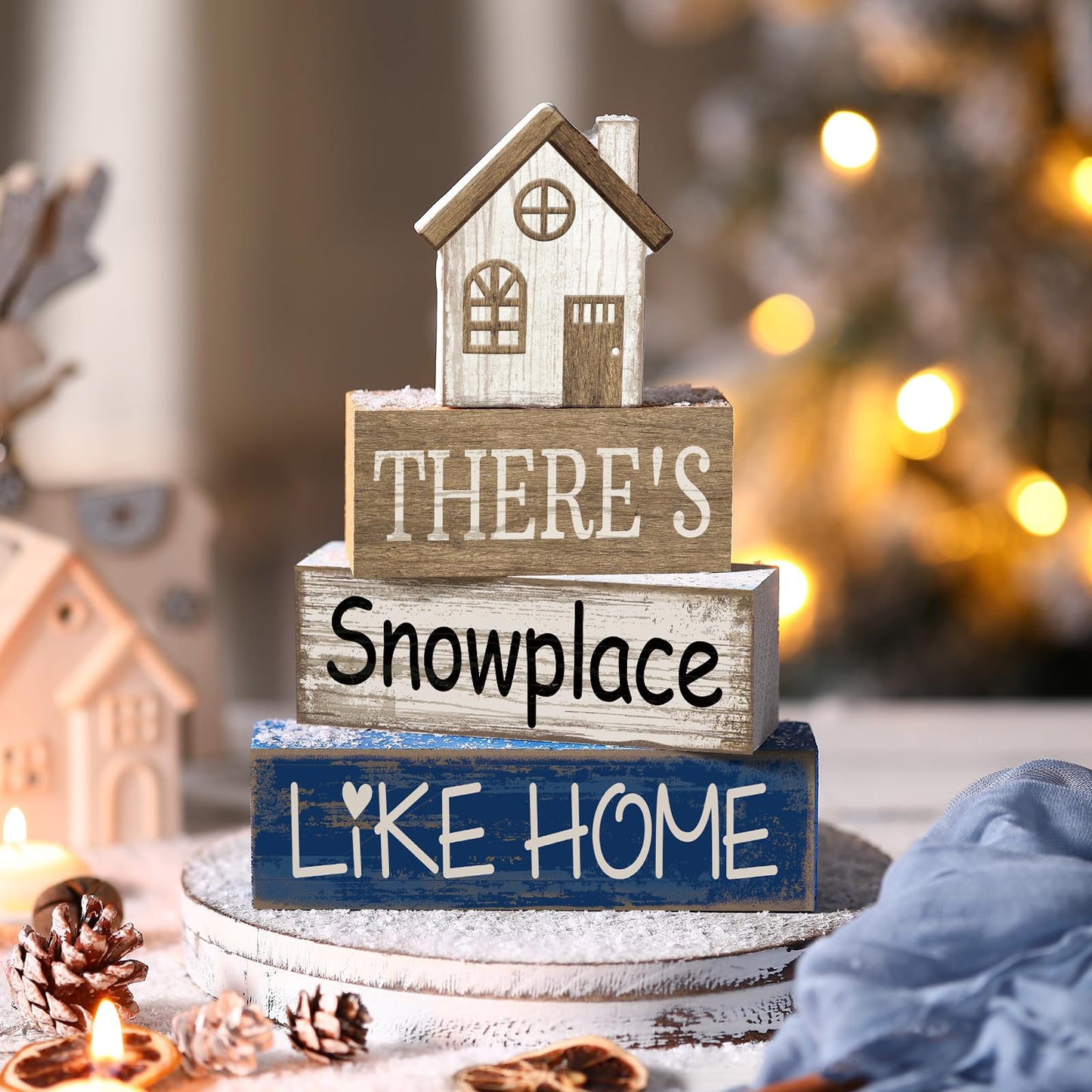 Lineshading 4 Pcs Winter Table Decoration Wooden House Decor Winter Tiered Tray Decor Rustic Decorative House Block Signs Gifts Christmas Centerpieces Farmhouse Sweet Home Decoration for Kitchen Desk