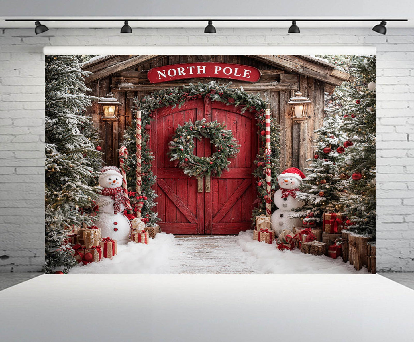 CHNYWORK 7x5ft Christmas North Pole Backdrop Snowman Christmas Trees Gift Boxes Snowy Pine Forest Red Wooden Door Winter Holiday Background New Year Xmas Eve Party Decor Portrait Photo Booth Props