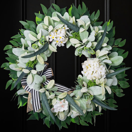 Lamb’s Ear Wreaths for Front Door Window Porch, 20-22" Spring Summer Greenery Wreath for Indoor Outdoor Farmhouse, Artificial Year-Round Hmoe Decor with Bow Hydrangea