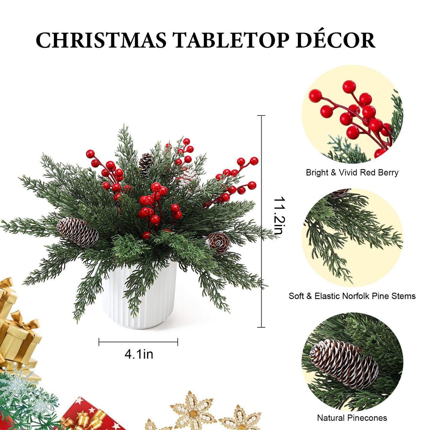 HOMCDALY Christmas Artificial Pine Branches with Red Berry and Pinecone for Tabletop Christmas Decorations, Fake Plants with Ceramic Pot, Small Chritstmas Tree for Home Décor, Christmas Decor Indoor