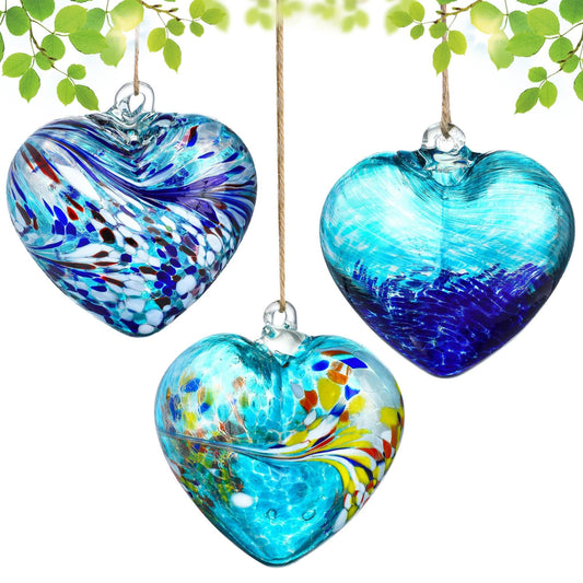Set of 3 Handmade Glass Heart Ornaments 3.9 Inch Blue Friendship Heart Decor for Garden Home Centerpiece Gifts for Women