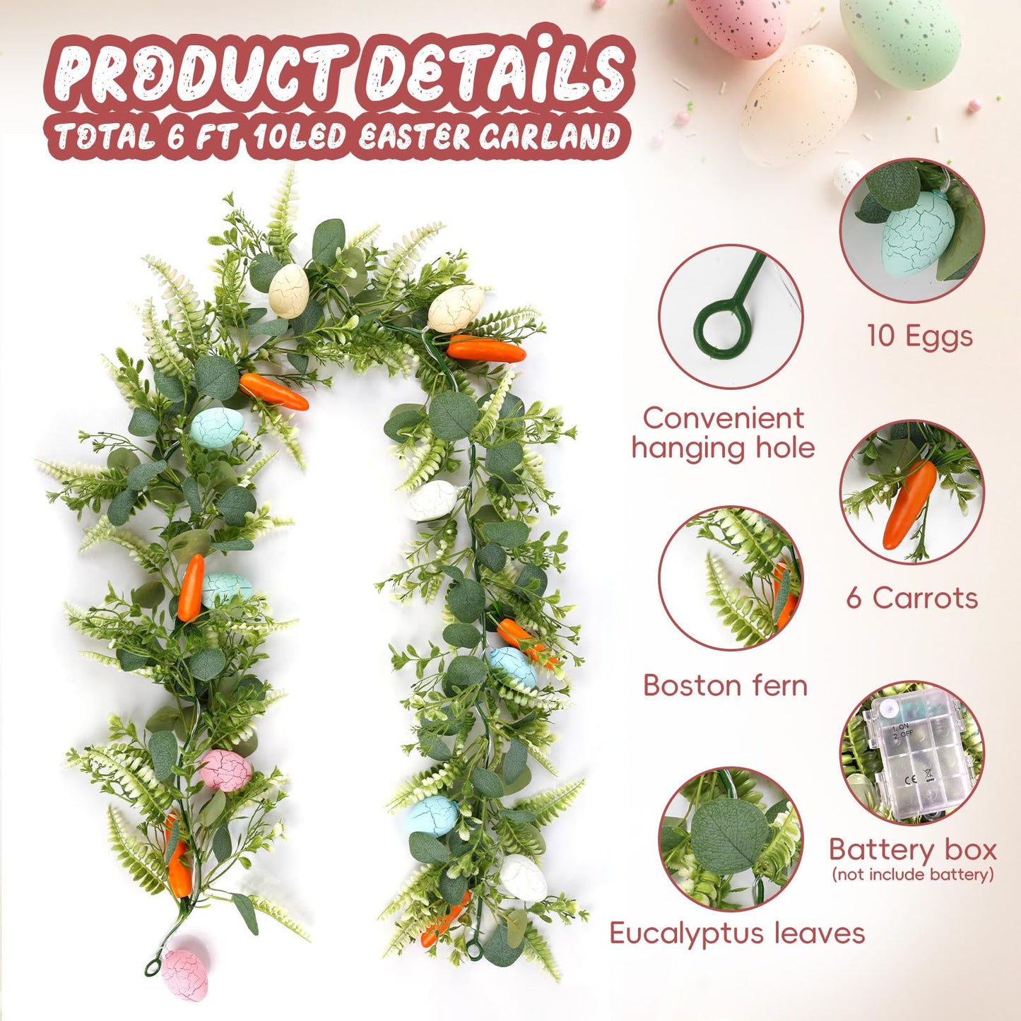 N&T NIETING 6 FT Easter Artificial Garlands with 10 Glowing Eggs & 6 Carrots, Fern Garland for Home Kitchen Fireplace Indoor Outdoor Holiday Party