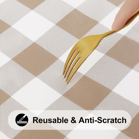 Smiry Rectangle Picnic Table Cloth, Elastic Waterproof Fitted Vinyl Tablecloths, Flannel Backed Buffalo Plaid Table Covers for Dining, Camping, Outdoor (White and Khaki, 30" x 72")