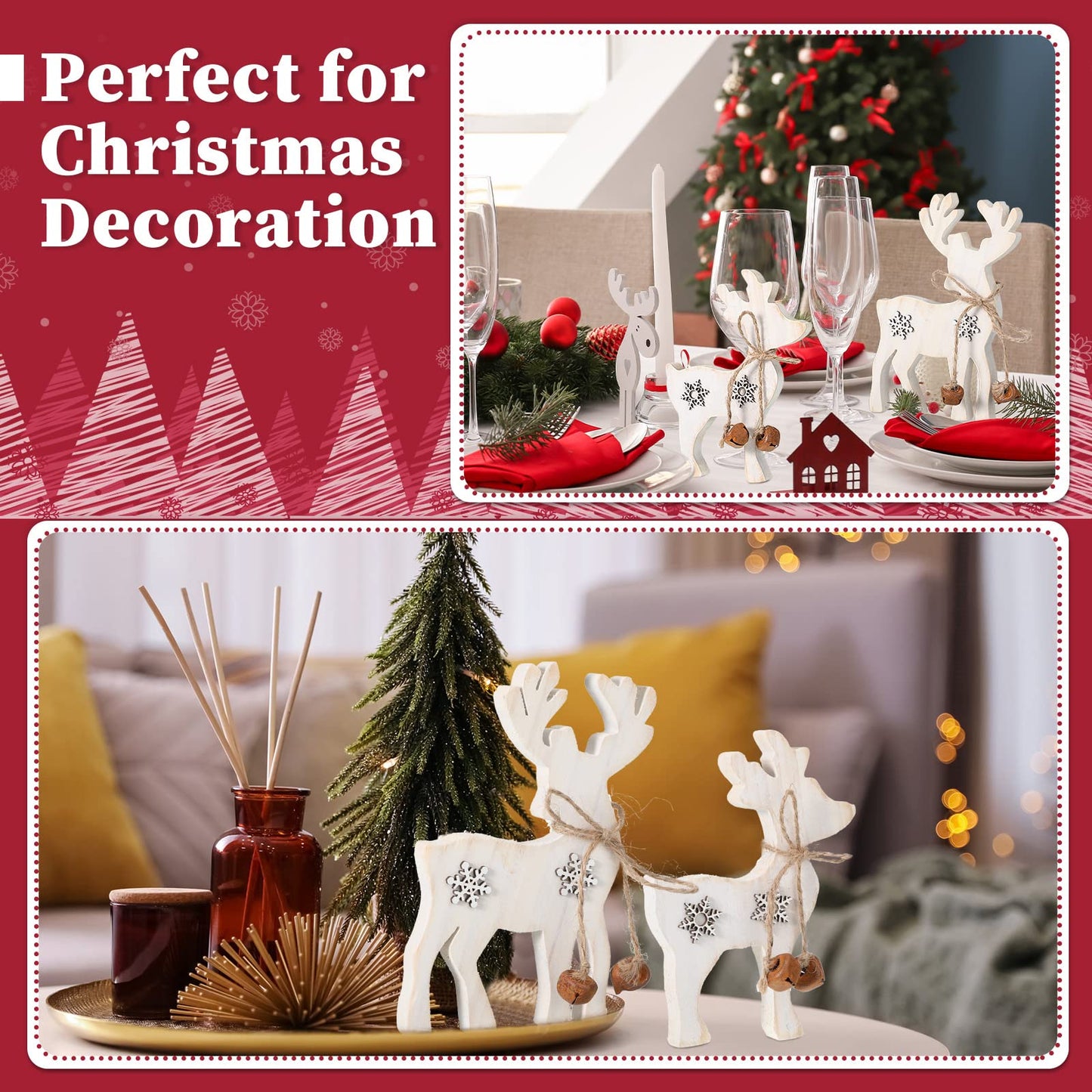 Sanwuta 2 Pieces Reindeer Christmas Decor Christmas Deer Desk Decor Indoor Rustic Reindeer Standing Tabletop Decoration Wooden Deer Table Decoration for Home Lawn Garden(Yellow Bell)