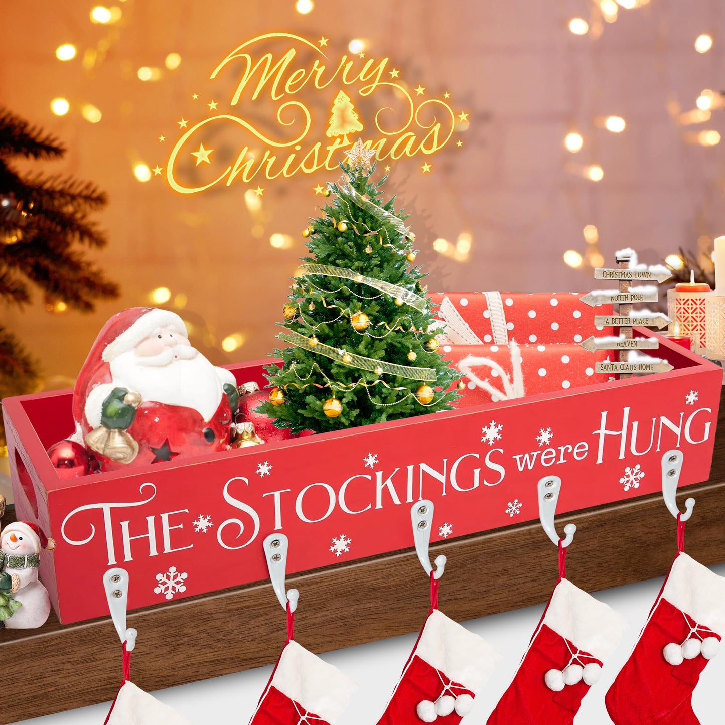 HPC Decor Christmas Stocking Holders, Wooden Box with 5 Hook Stockings Hangers Christmas Decoration for Fireplace Mantel Wood Organizer Storage